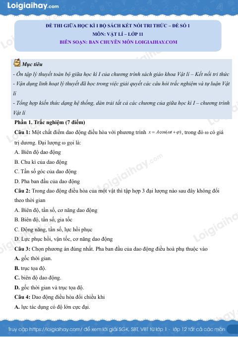 Đề thi giữa học kì 1 Vật lí 11 Kết nối tri thức - Đề số 01